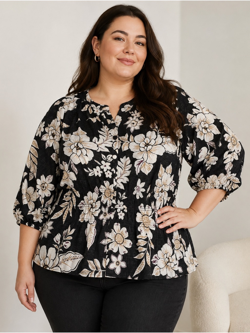 Torrid NWT Floral Peplum Puff Sleeve Blouse Size 3 3X Black Ivory